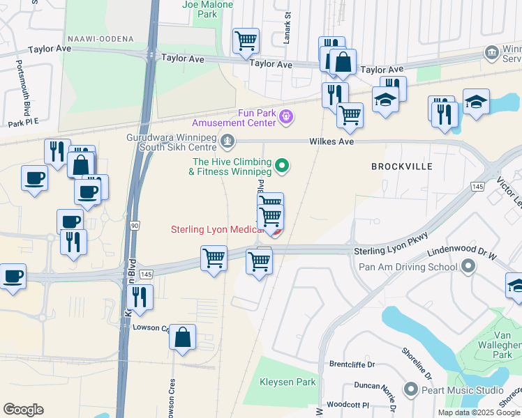 map of restaurants, bars, coffee shops, grocery stores, and more near 990 Lorimer Boulevard in Winnipeg