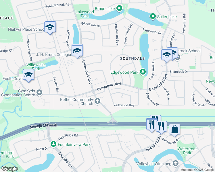 map of restaurants, bars, coffee shops, grocery stores, and more near 2 Driftwood Bay in Winnipeg