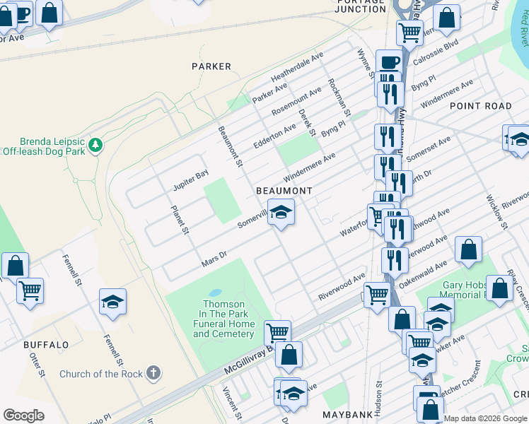 map of restaurants, bars, coffee shops, grocery stores, and more near Beaumont Street in Winnipeg