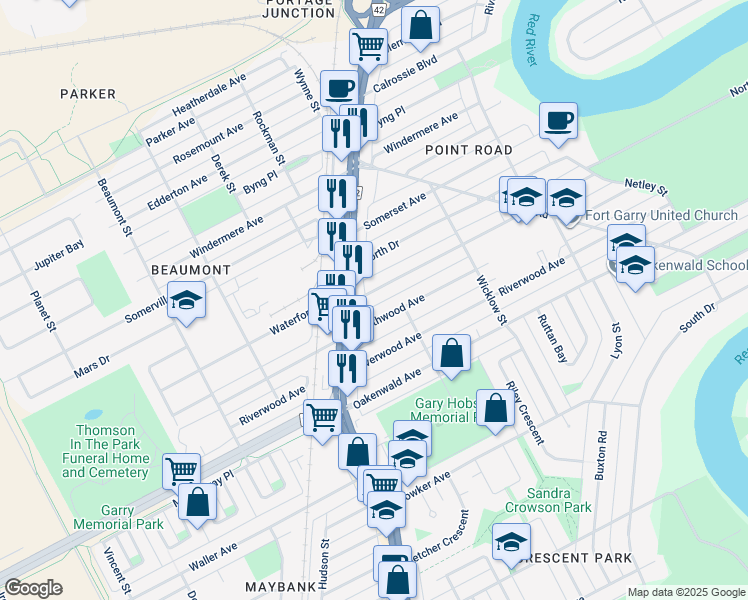 map of restaurants, bars, coffee shops, grocery stores, and more near 980 Waterford Avenue in Winnipeg