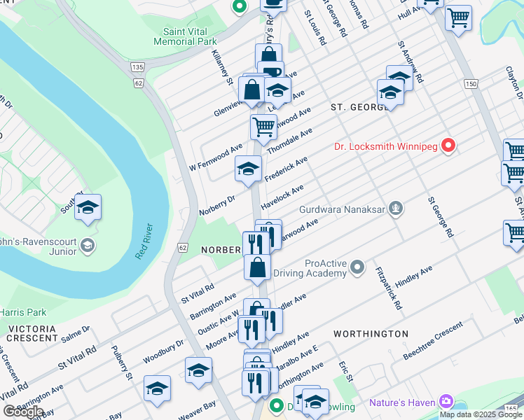 map of restaurants, bars, coffee shops, grocery stores, and more near 900 Saint Mary's Road in Winnipeg