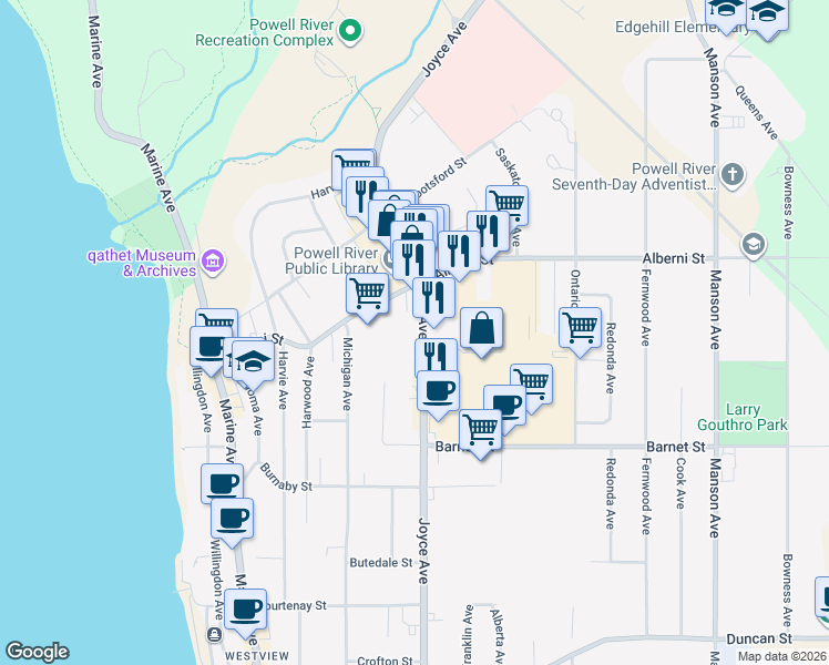 map of restaurants, bars, coffee shops, grocery stores, and more near 4769 Joyce Avenue in Powell River