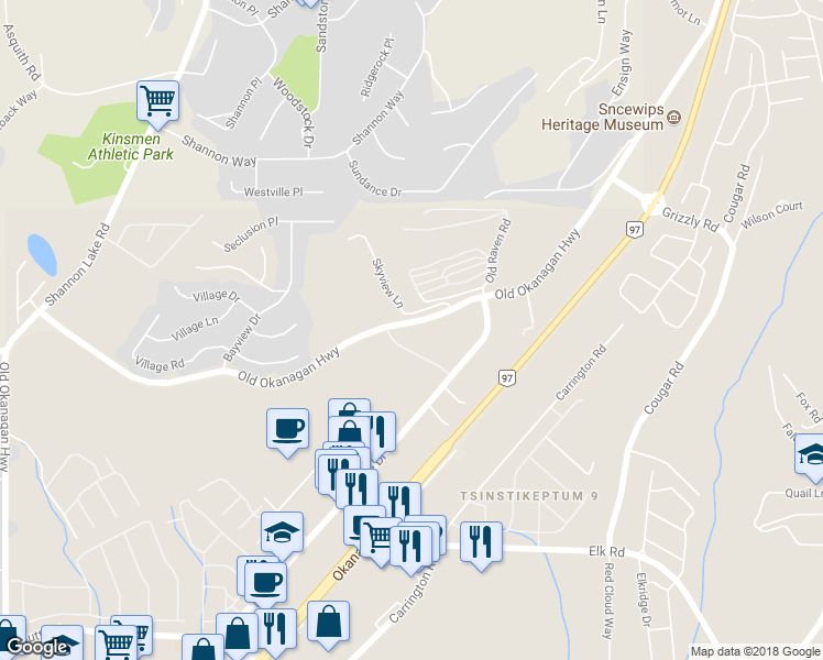 map of restaurants, bars, coffee shops, grocery stores, and more near 2 Old Okanagan Highway in Central Okanagan
