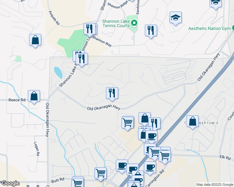map of restaurants, bars, coffee shops, grocery stores, and more near Bayview Drive in West Kelowna