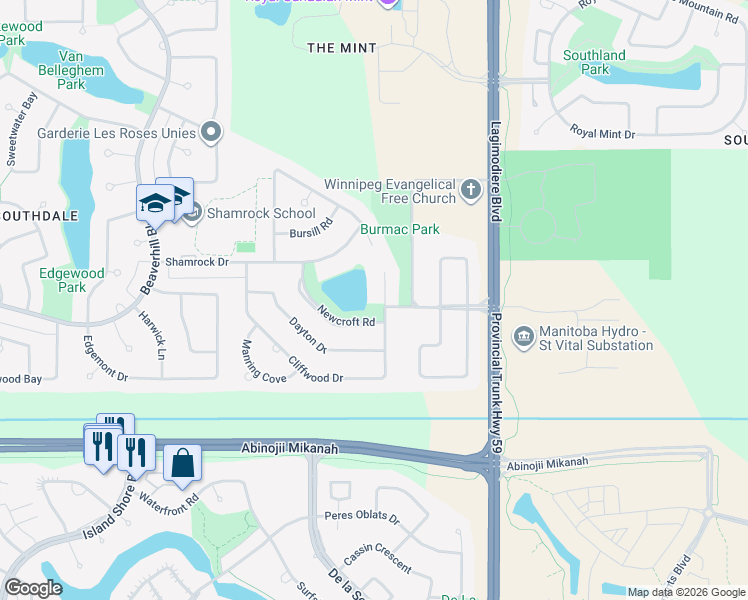 map of restaurants, bars, coffee shops, grocery stores, and more near 256 Cliffwood Drive in Winnipeg