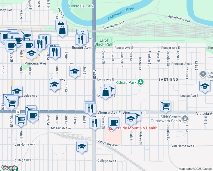 map of restaurants, bars, coffee shops, grocery stores, and more near 323 Dennis Street in Brandon