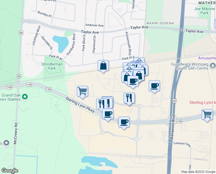 map of restaurants, bars, coffee shops, grocery stores, and more near 701 Sterling Lyon Parkway in Winnipeg
