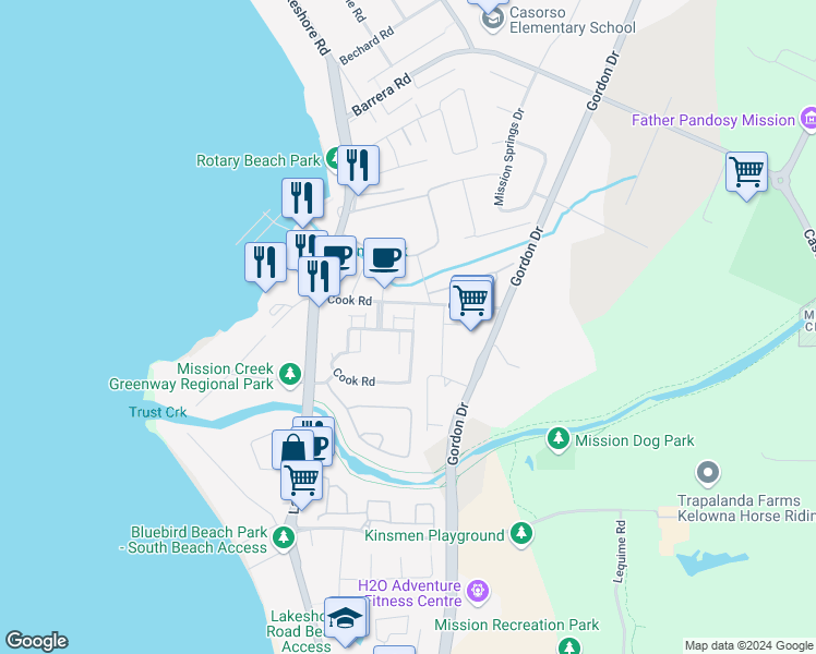 map of restaurants, bars, coffee shops, grocery stores, and more near 409 Cook Road in Kelowna