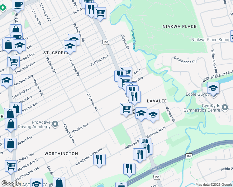 map of restaurants, bars, coffee shops, grocery stores, and more near 158 Sadler Avenue in Winnipeg