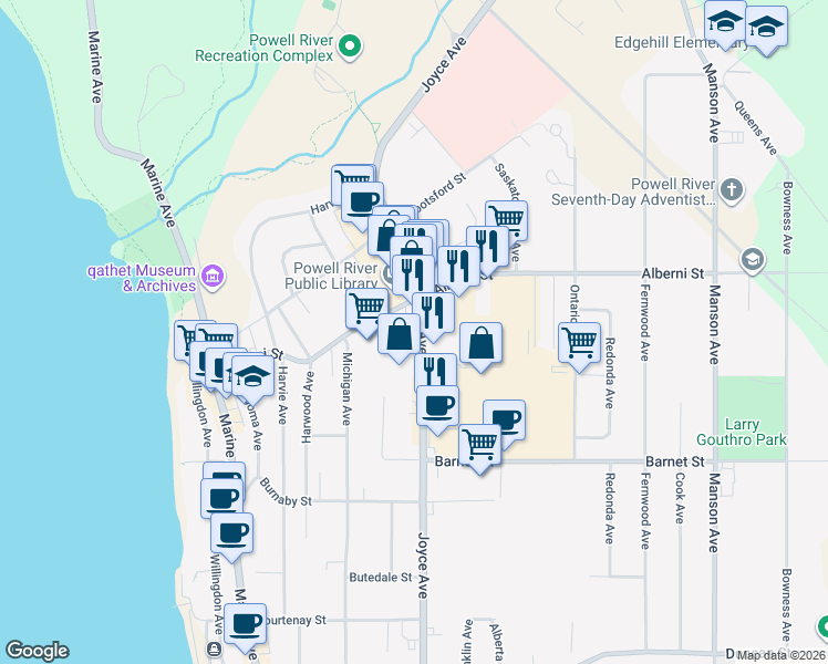 map of restaurants, bars, coffee shops, grocery stores, and more near 4769 Joyce Avenue in Powell River