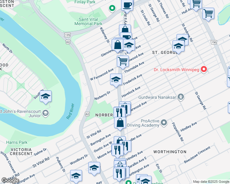 map of restaurants, bars, coffee shops, grocery stores, and more near 900 Saint Mary's Road in Winnipeg