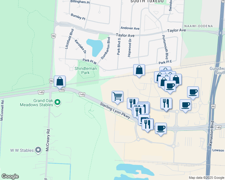map of restaurants, bars, coffee shops, grocery stores, and more near 775 Sterling Lyon Parkway in Winnipeg