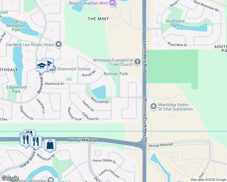 map of restaurants, bars, coffee shops, grocery stores, and more near 216 Cliffwood Drive in Winnipeg