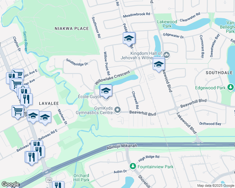 map of restaurants, bars, coffee shops, grocery stores, and more near 76 Bluewater Crescent in Winnipeg