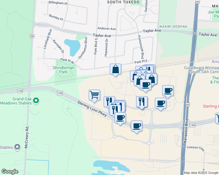 map of restaurants, bars, coffee shops, grocery stores, and more near 717 Sterling Lyon Parkway in Winnipeg