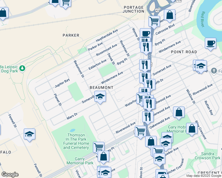 map of restaurants, bars, coffee shops, grocery stores, and more near 1170 Somerville Avenue in Winnipeg
