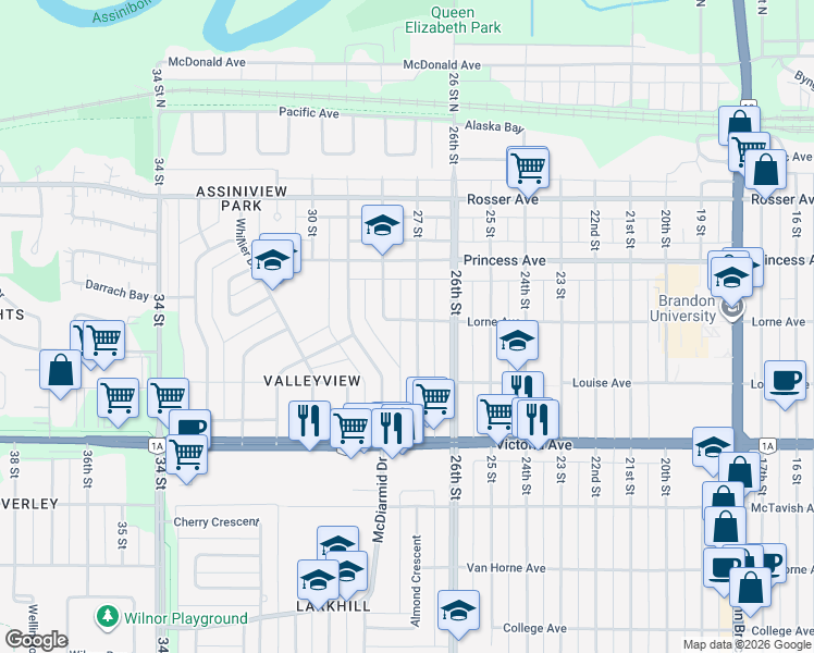 map of restaurants, bars, coffee shops, grocery stores, and more near 304 27 Street in Brandon