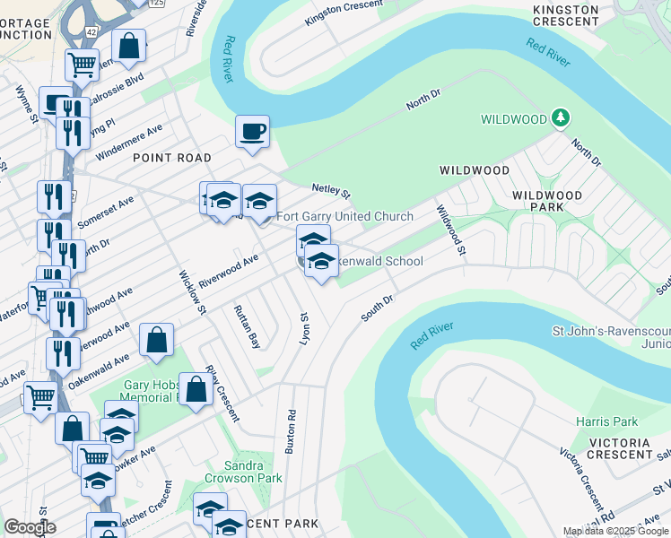 map of restaurants, bars, coffee shops, grocery stores, and more near 633 Manchester Boulevard North in Winnipeg