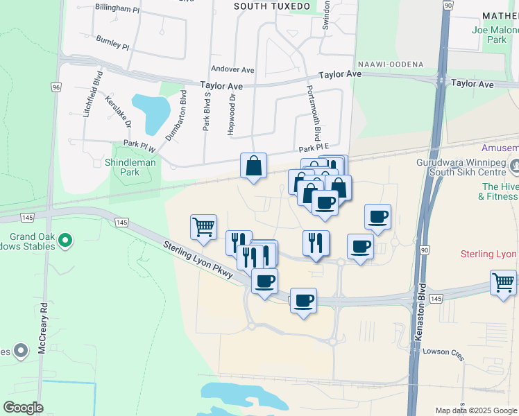 map of restaurants, bars, coffee shops, grocery stores, and more near 186 Appleford Gate in Winnipeg