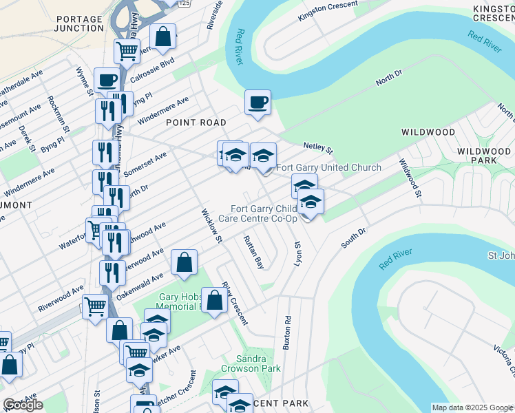 map of restaurants, bars, coffee shops, grocery stores, and more near 706 Riverwood Avenue in Winnipeg