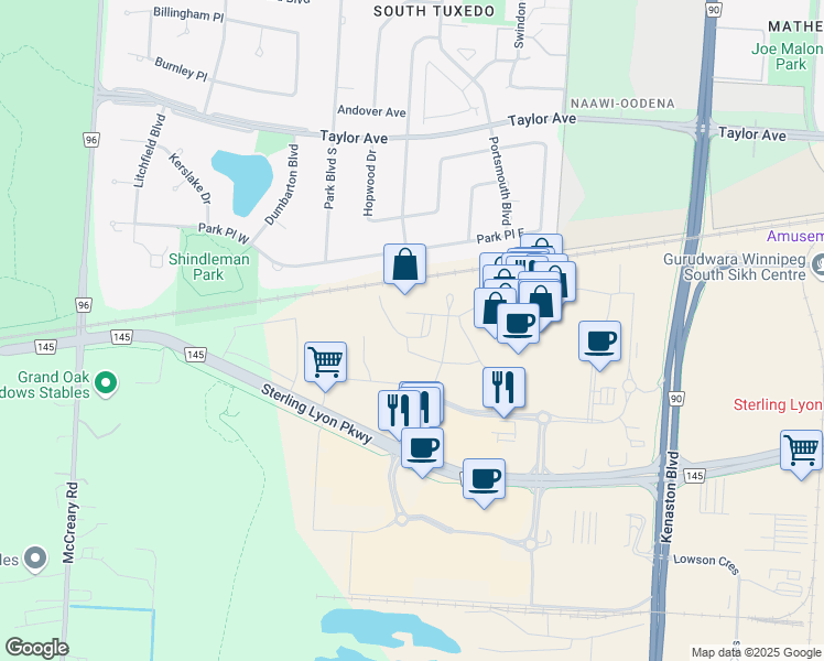 map of restaurants, bars, coffee shops, grocery stores, and more near 701 Sterling Lyon Parkway in Winnipeg