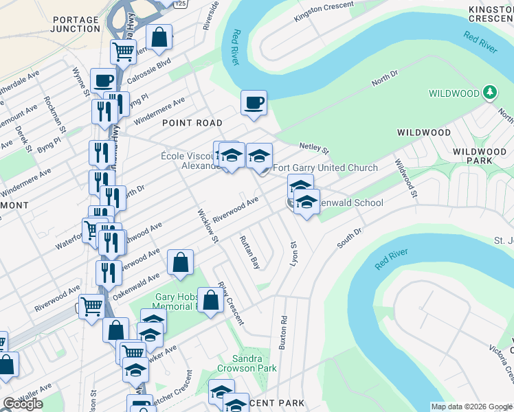 map of restaurants, bars, coffee shops, grocery stores, and more near 704 Riverwood Avenue in Winnipeg