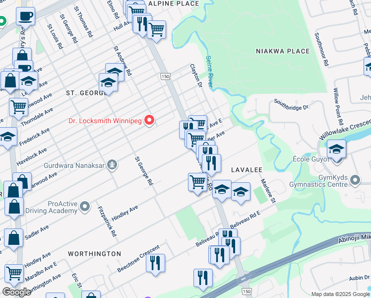 map of restaurants, bars, coffee shops, grocery stores, and more near 158 Sadler Avenue in Winnipeg