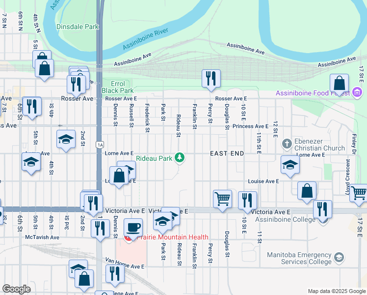 map of restaurants, bars, coffee shops, grocery stores, and more near 253 Rideau Street in Brandon