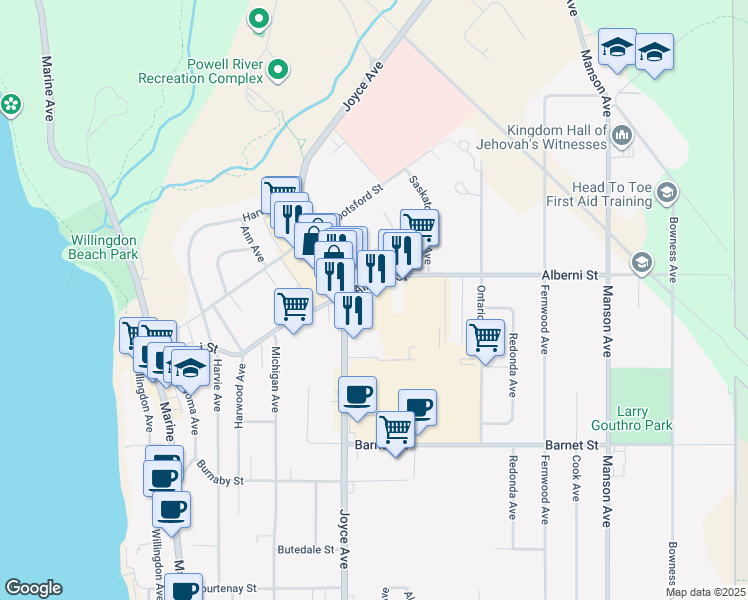 map of restaurants, bars, coffee shops, grocery stores, and more near 7019 Alberni Street in Powell River