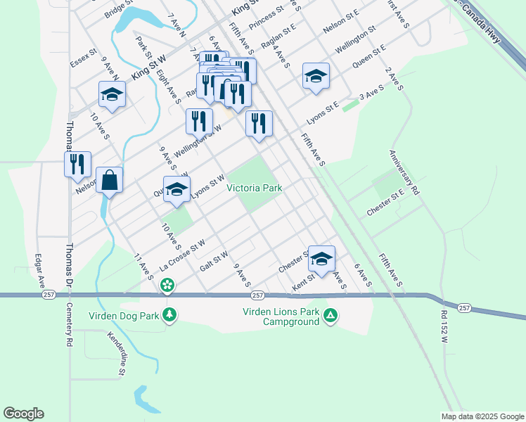 map of restaurants, bars, coffee shops, grocery stores, and more near 265 Lacrosse Street in Virden