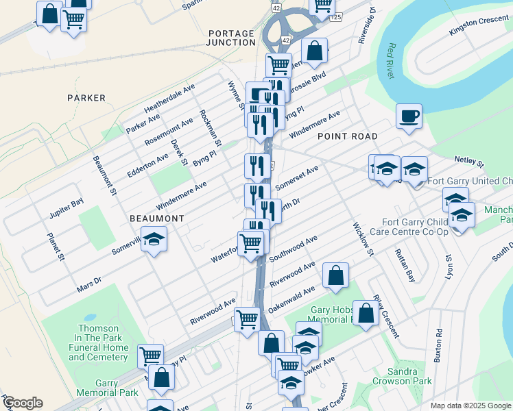 map of restaurants, bars, coffee shops, grocery stores, and more near 1175 Pembina Highway in Winnipeg