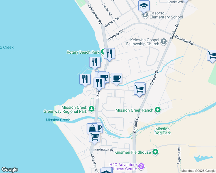 map of restaurants, bars, coffee shops, grocery stores, and more near 654 Cook Road in Kelowna