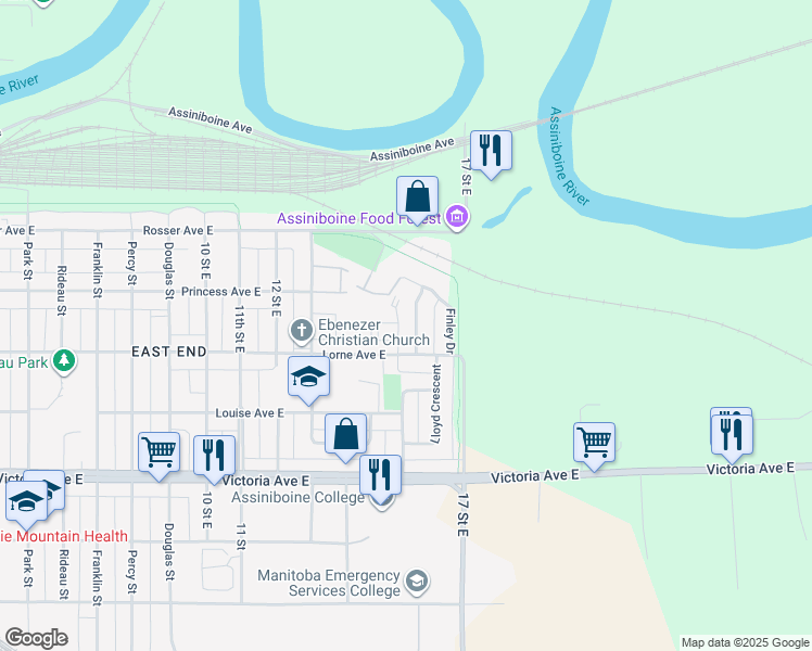 map of restaurants, bars, coffee shops, grocery stores, and more near 230 16 Street East in Brandon