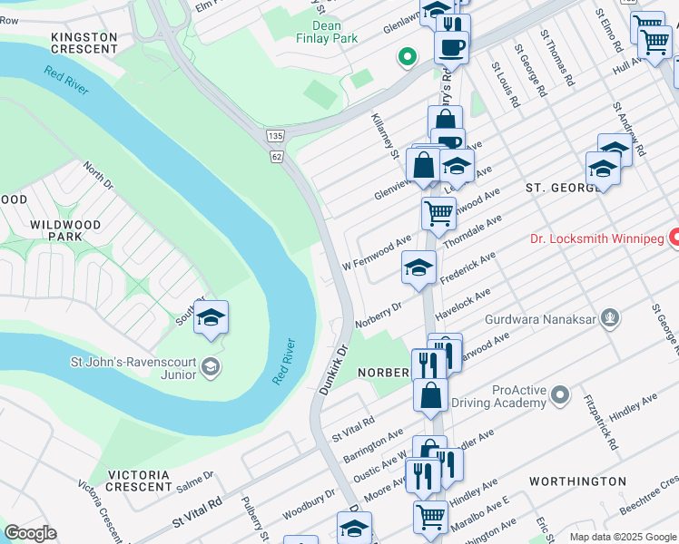 map of restaurants, bars, coffee shops, grocery stores, and more near 231 Dunkirk Drive in Winnipeg