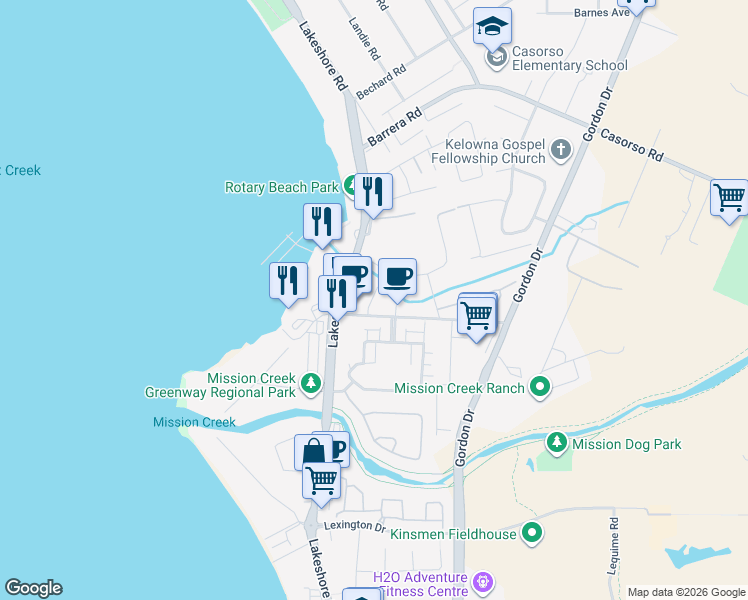 map of restaurants, bars, coffee shops, grocery stores, and more near 654 Cook Road in Kelowna