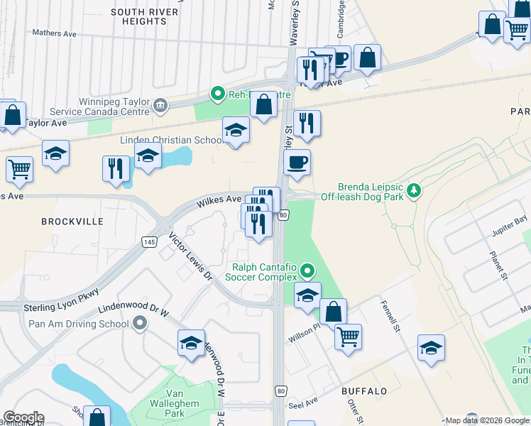 map of restaurants, bars, coffee shops, grocery stores, and more near 865 Waverley Street in Winnipeg