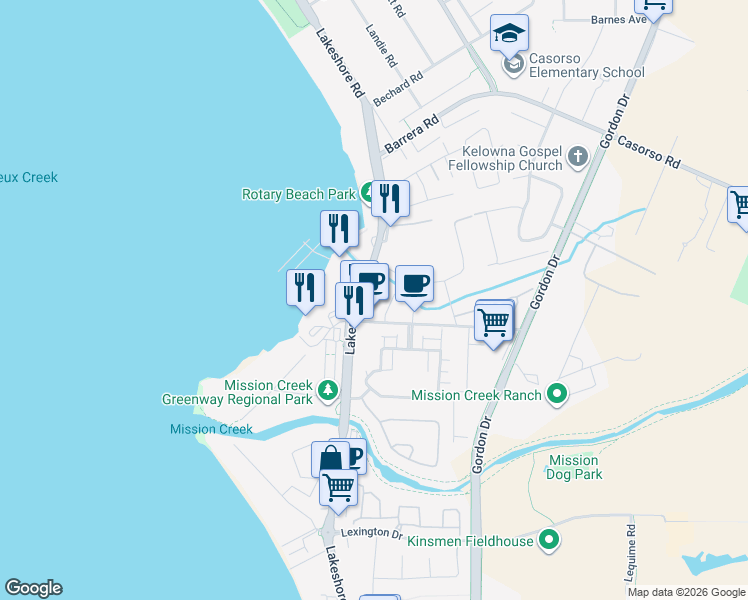 map of restaurants, bars, coffee shops, grocery stores, and more near 654 Cook Road in Kelowna
