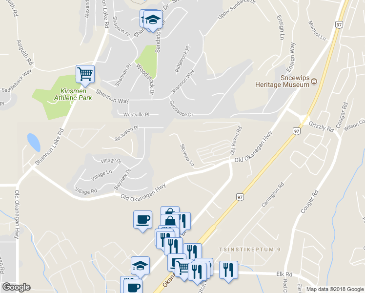 map of restaurants, bars, coffee shops, grocery stores, and more near 3220 Skyview Lane in West Kelowna