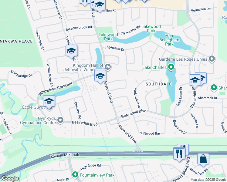 map of restaurants, bars, coffee shops, grocery stores, and more near 103 Tamarac Bay in Winnipeg