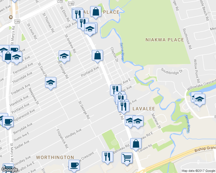 map of restaurants, bars, coffee shops, grocery stores, and more near 418A Saint Anne's Road in Winnipeg