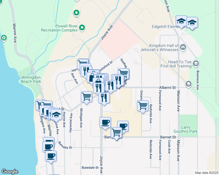 map of restaurants, bars, coffee shops, grocery stores, and more near 7019 Alberni St in Powell River