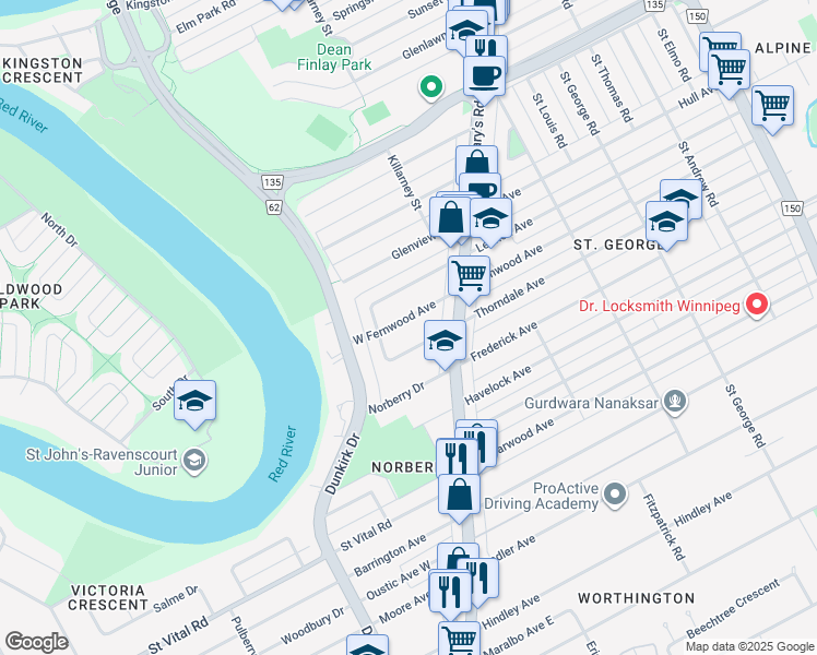 map of restaurants, bars, coffee shops, grocery stores, and more near 36 West Fernwood Avenue in Winnipeg