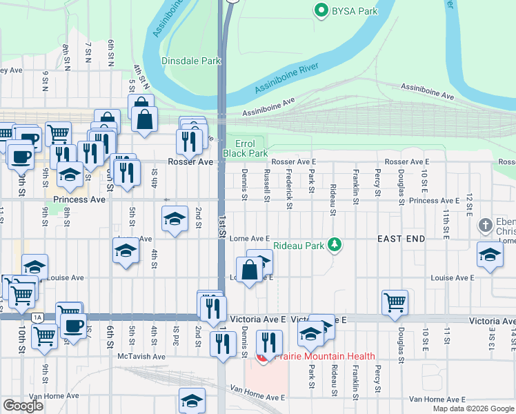 map of restaurants, bars, coffee shops, grocery stores, and more near 219 Dennis Street in Brandon
