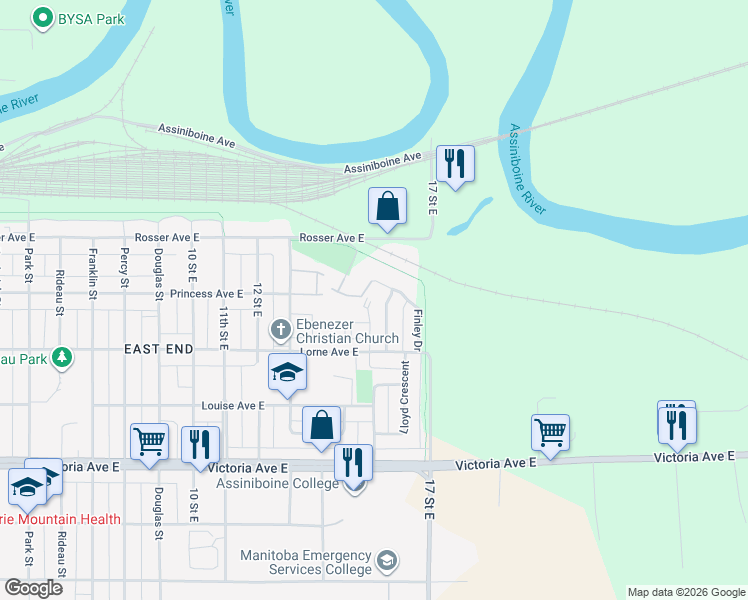 map of restaurants, bars, coffee shops, grocery stores, and more near 204 16 Street East in Brandon