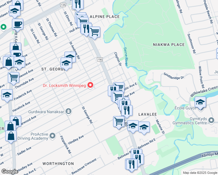 map of restaurants, bars, coffee shops, grocery stores, and more near 418A Saint Anne's Road in Winnipeg