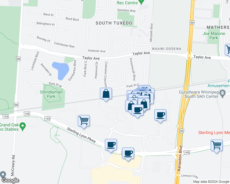 map of restaurants, bars, coffee shops, grocery stores, and more near in Winnipeg