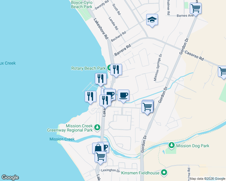 map of restaurants, bars, coffee shops, grocery stores, and more near in Kelowna