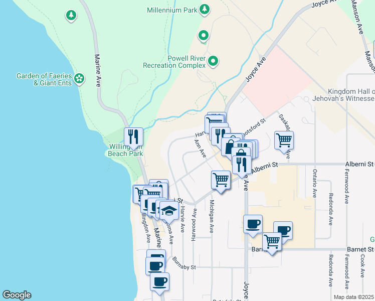 map of restaurants, bars, coffee shops, grocery stores, and more near 6877 Lesley Crescent in Powell River