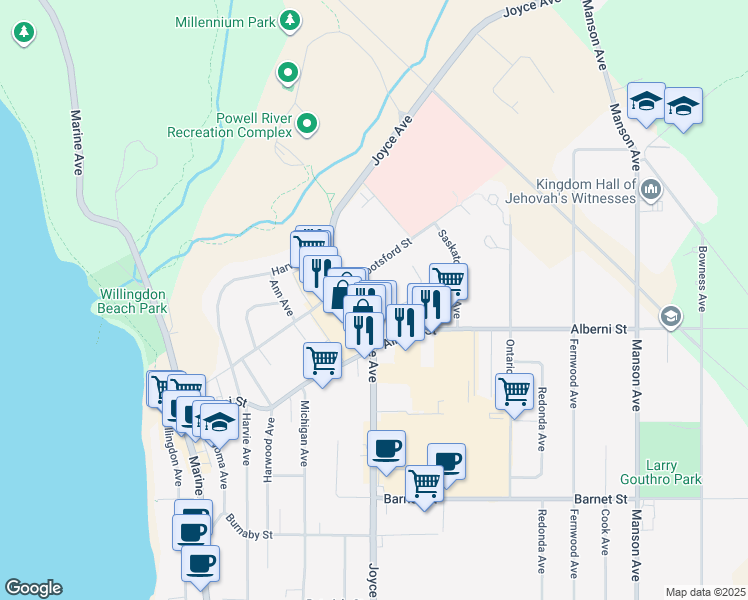 map of restaurants, bars, coffee shops, grocery stores, and more near 4859 Kokanee Place in Powell River