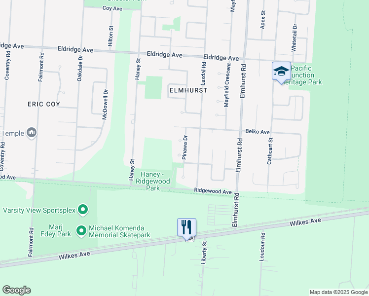 map of restaurants, bars, coffee shops, grocery stores, and more near Pinawa Drive in Winnipeg